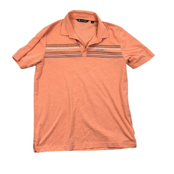 Travis Mathew Mens Golf Polo Shirt Large Orange Striped Short Sleeve Casual - Picture 1 of 9